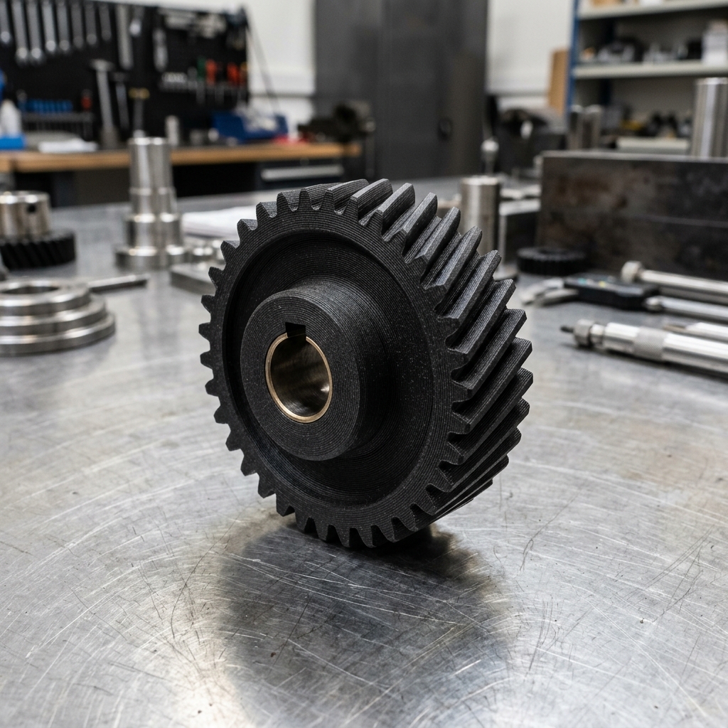Engrenagem helicoidal industrial preta impressa em Nylon de alta resistência com detalhes de engenharia impecáveis
