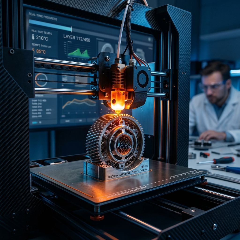 Impressora 3D industrial em atividade, depositando filamento técnico com precisão mecânica milimétrica