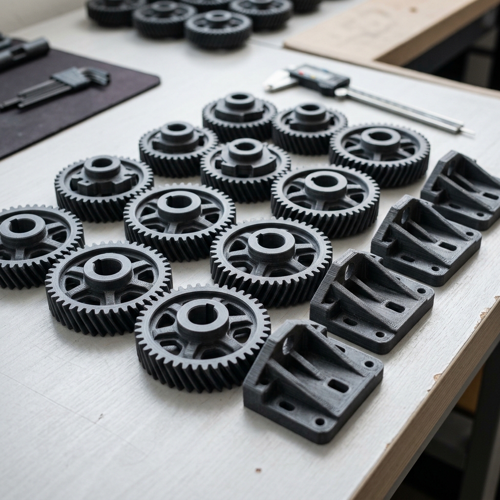 Lote de pequenas peças técnicas idênticas fabricadas por impressão 3D em série, dispostas lado a lado com acabamento industrial
